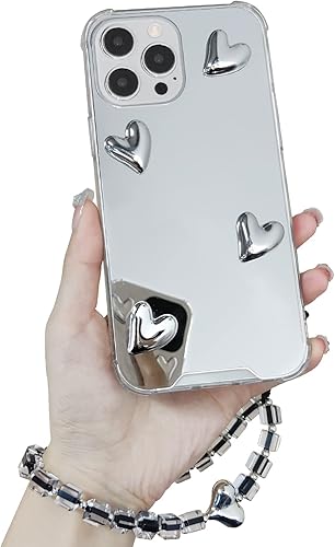 Funda con diseño de espejo para iPhone 13 Pro Max, bonita funda de corazón 3D con cadena de pulsera, silicona suave a prueba de golpes, funda