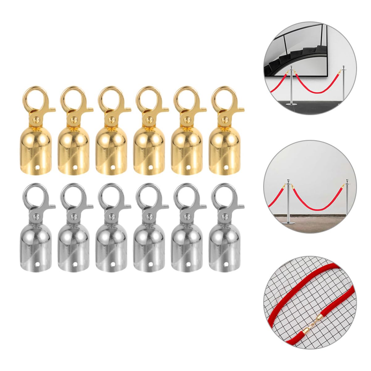 ORFOFE 12 piezas Tapa Final de Cuerda de Inoxidable con Mosquetón Conectores de Cuerda para Barandillas y Stanchions de Plateadas Doradas Accesorios para Eventos y Centros Comerciales