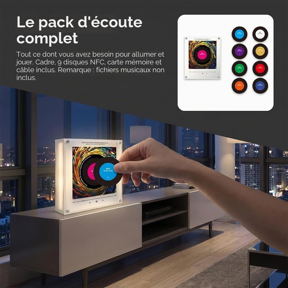 Autocollants magnétiques pour réfrigérateur NFC à induction chantante, lecteur de disques vinyles rotatif intelligent mini jukebox, pack de 9 autocollants audio programmables avec lumière
