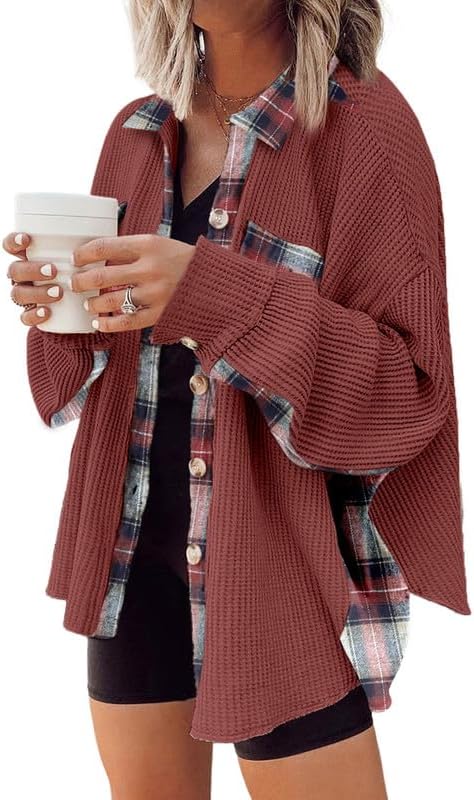 SHEWIN Womens Waffle Knit Plaid Shacket Boyfriend Button Down Shirt Jacket Loose Long Sleeve Tops