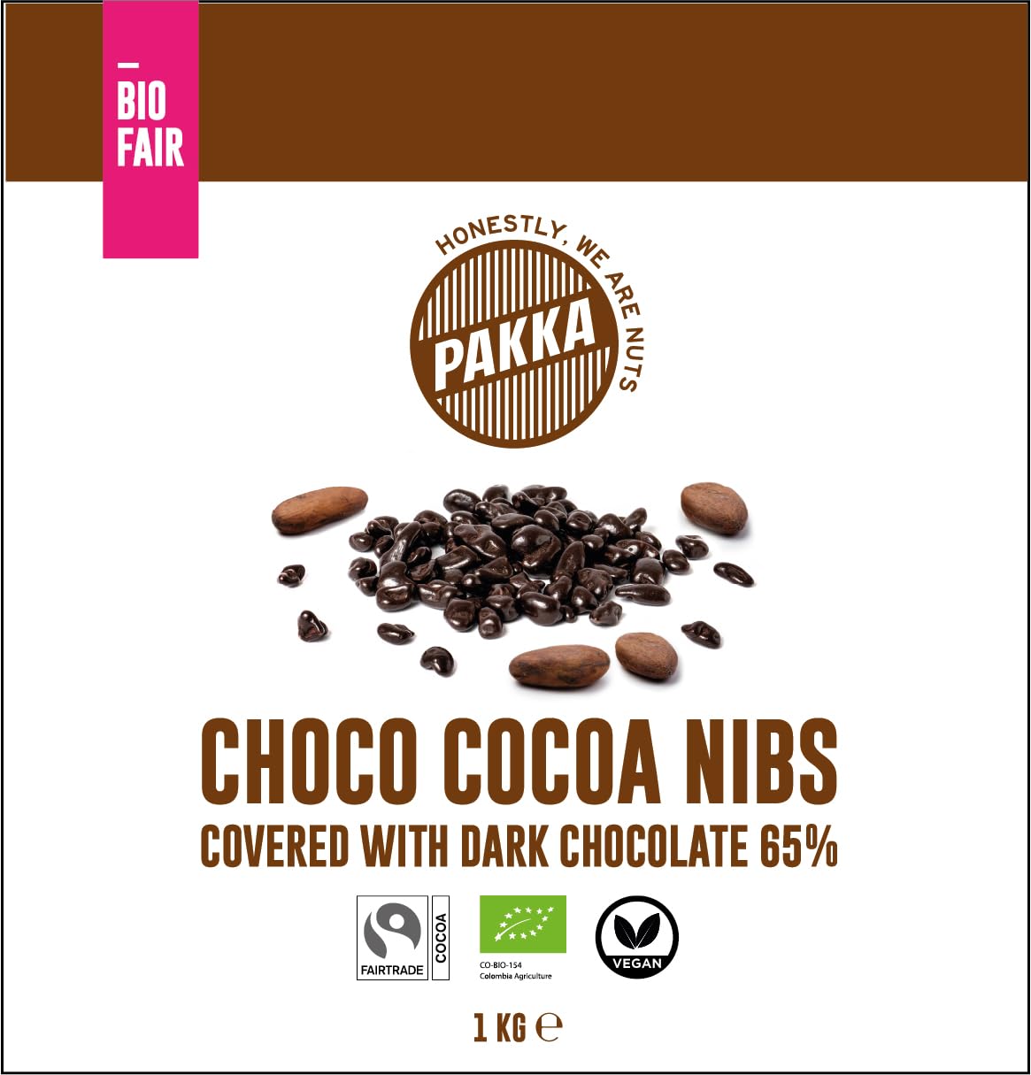 PAKKA Bio Fairtrade Chocolate noir grué de cacao, 1kg, chocolat écologique & équitable, Cacao Cocoa Nibs, fabriqué et mis en emballage directement par le producteur en Colombie, végétalien, 1000g