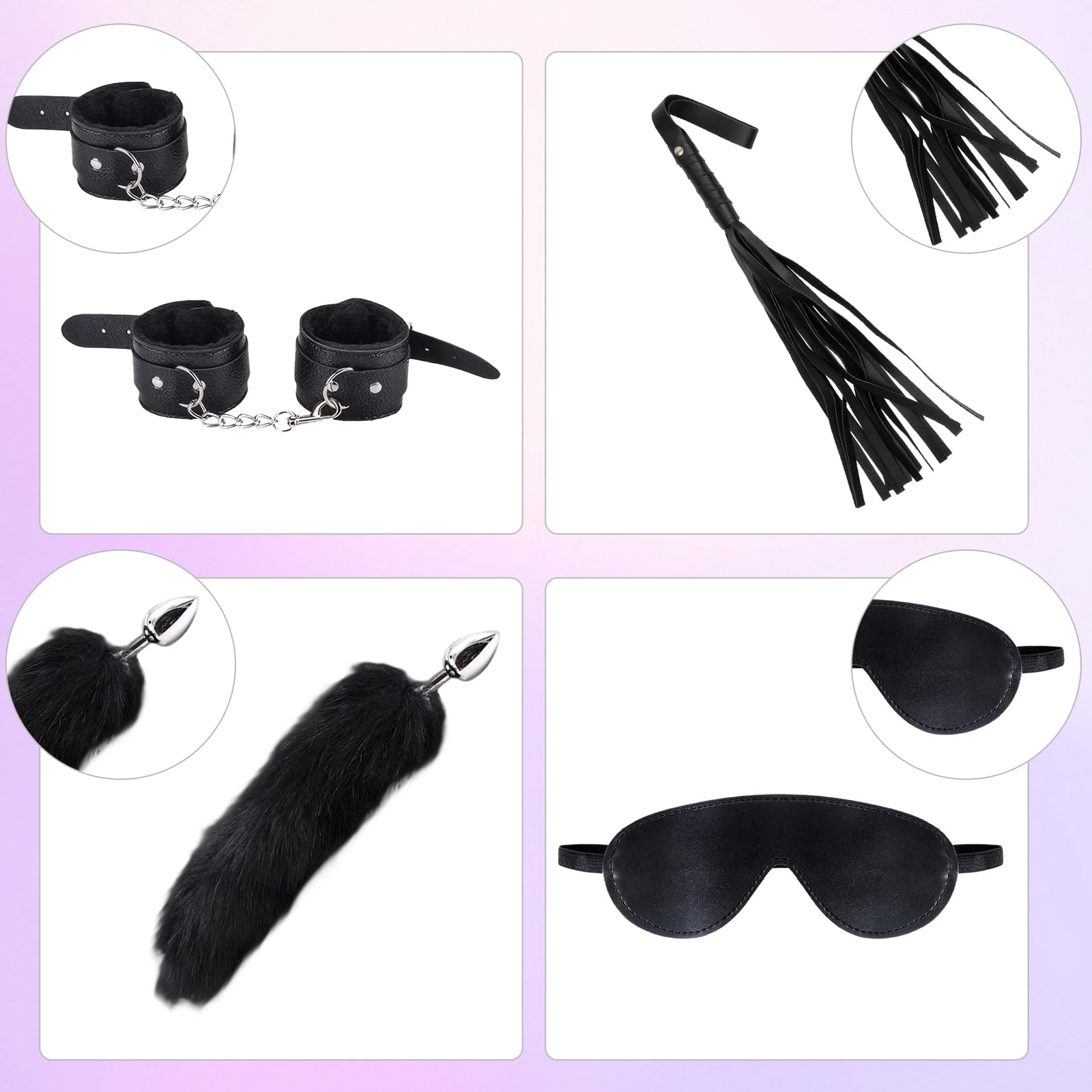 Qoosea SM Bondage Kit 15 Piezas, BDSM Restraints Kits Erótico Set Juguetes Sexuales Plug Anal con Cola de Zorro Butt Plug Set para Parejas, Bondage Set Esposas para Principiantes y Experimentados