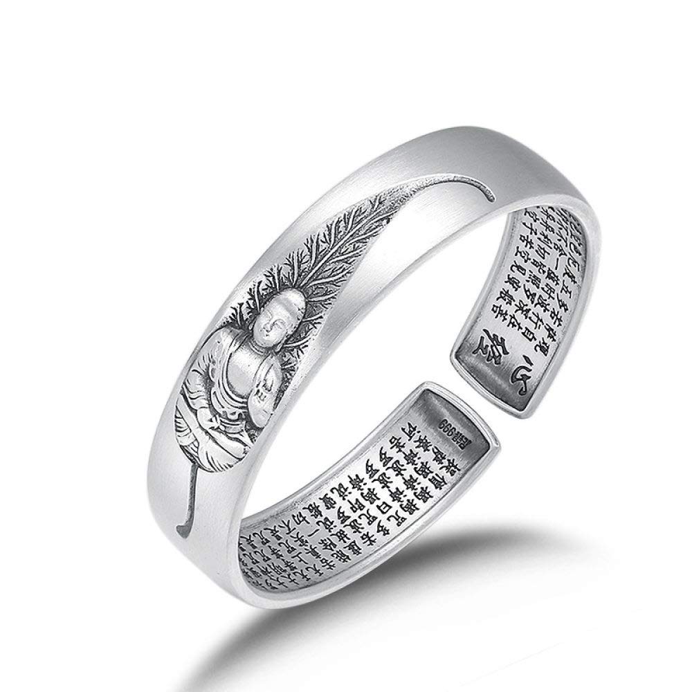 THTHT THTHT S925 Vintage Pulsera De Plata para Mujeres Hombres Estatua De Buda Talladas Frosted Lotus Escritura Sencillo Y Simple Estilo Chino Personalidad Creativa Encanto Hermoso Regalo