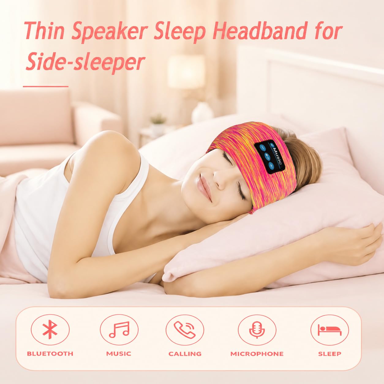 Auriculares Bluetooth para dormir, diadema inalámbrica para dormir de lado, auriculares inalámbricos para dormir, para entrenamiento, deportes, yoga, correr, viajes (amarillo rosado)