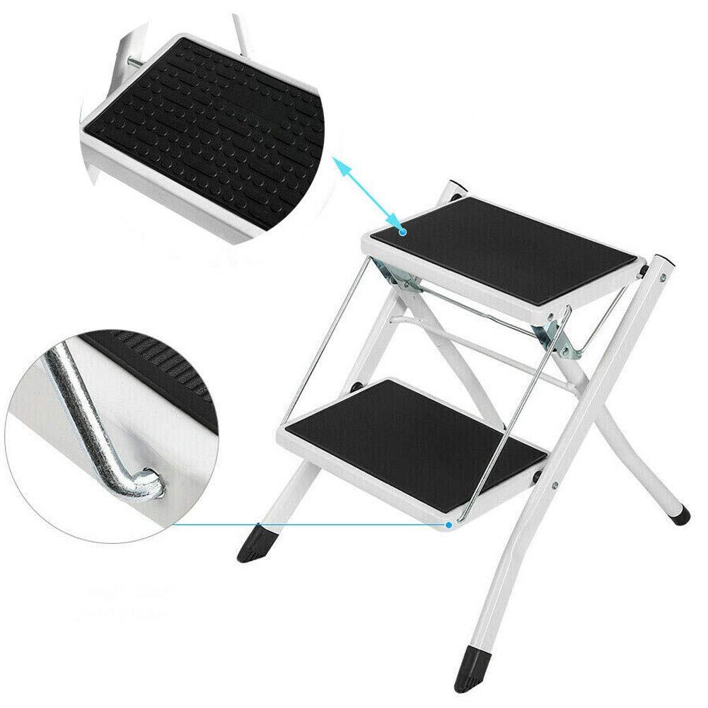 Taburete plegable de acero de alto rendimiento (para hasta 150 kg) Escalera portátil de 2 peldaños con peldaños acanalados antideslizantes Mini taburete ligero para el garaje de cocina en casa