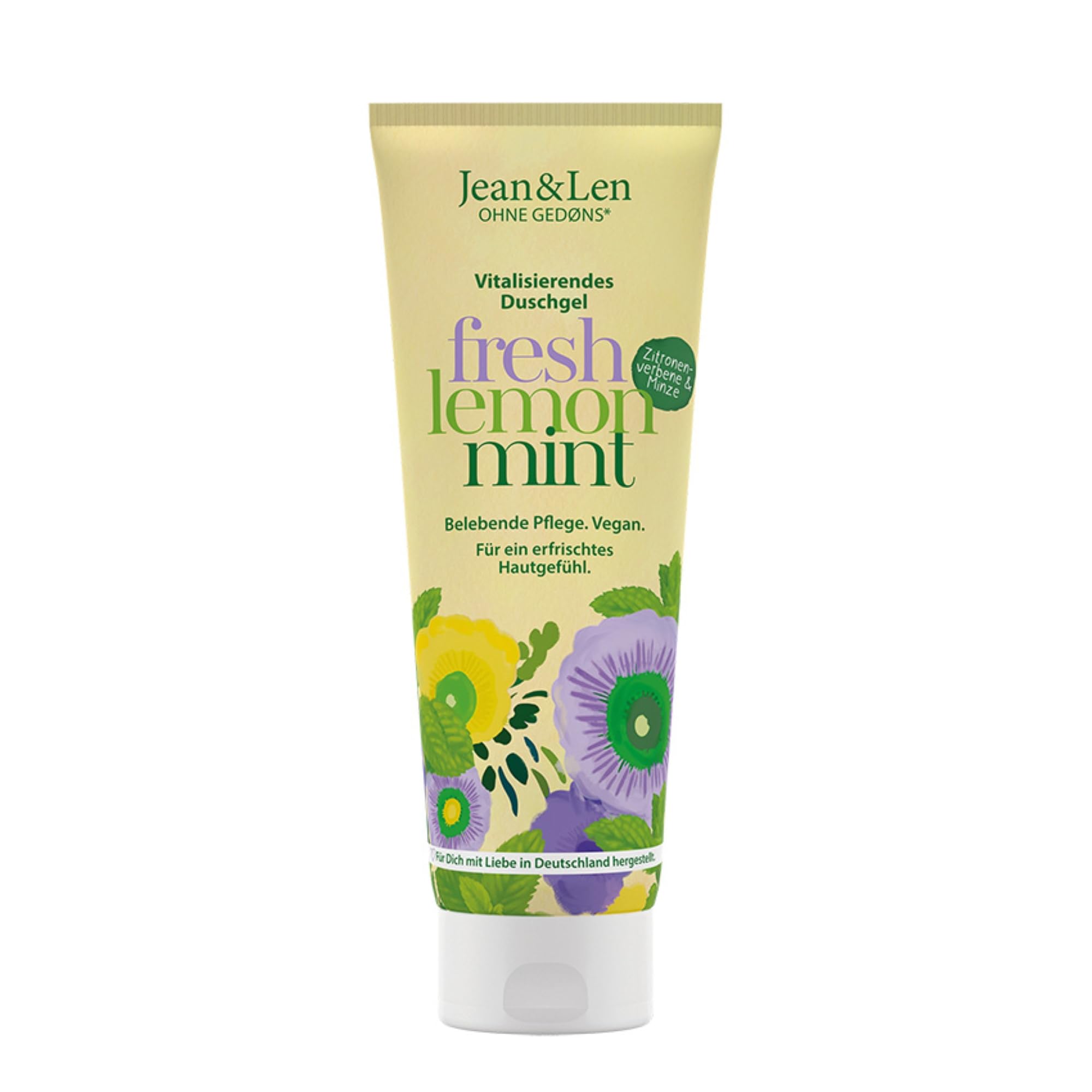 Jean & Len Vitalisierendes Duschgel Zitronenverbene & Minze, sanftes Reinigungserlebnis, für ein spürbar weiches Hautgefühl, frischer Duft, ohne Mineralöl, veganes Duschgel, 250 ml