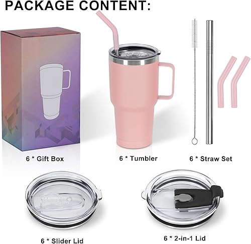 Miniatura 6 de Paquete de 6 vasos aislados de 30 onzas con asa, de acero inoxidable, taza de viaje de acero inoxidable con aislamiento de doble pared, a prueba de