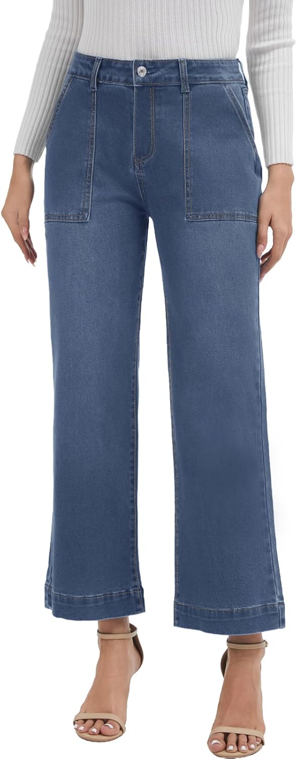 Metietila Women's Mid Waisted Cropped Jeans Wide Leg Denim Pants Flare Jeans with Pocket - Image 6