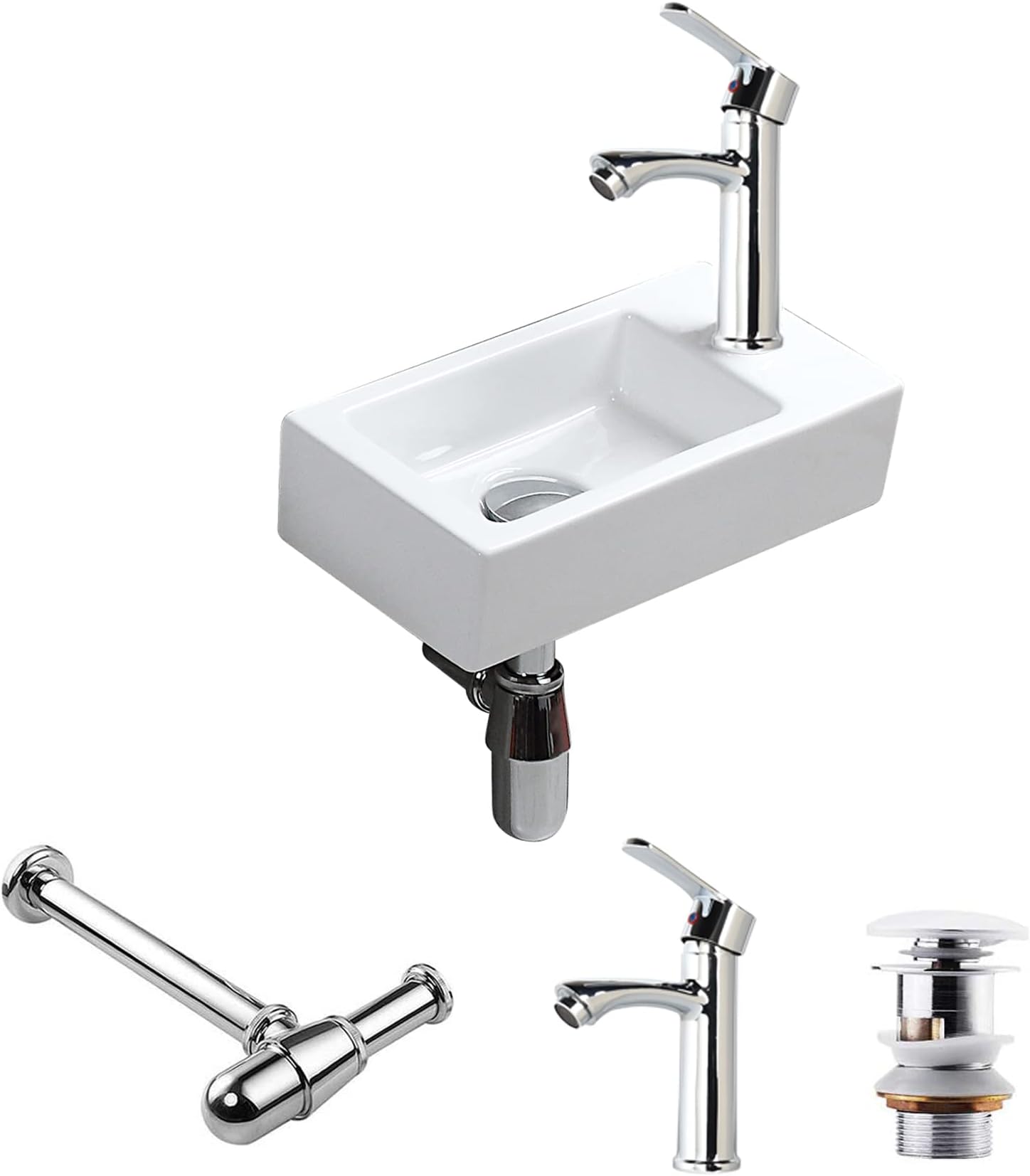 CROSS ZEBRAWall Mounted Ceramic Wash Basin Sink Rectangle Small Size with Tap Waste Trap White Simple and Elegant Modern Design Vessel Easy to Install and Clean for Bathroom Toilet WC(Right Hand)