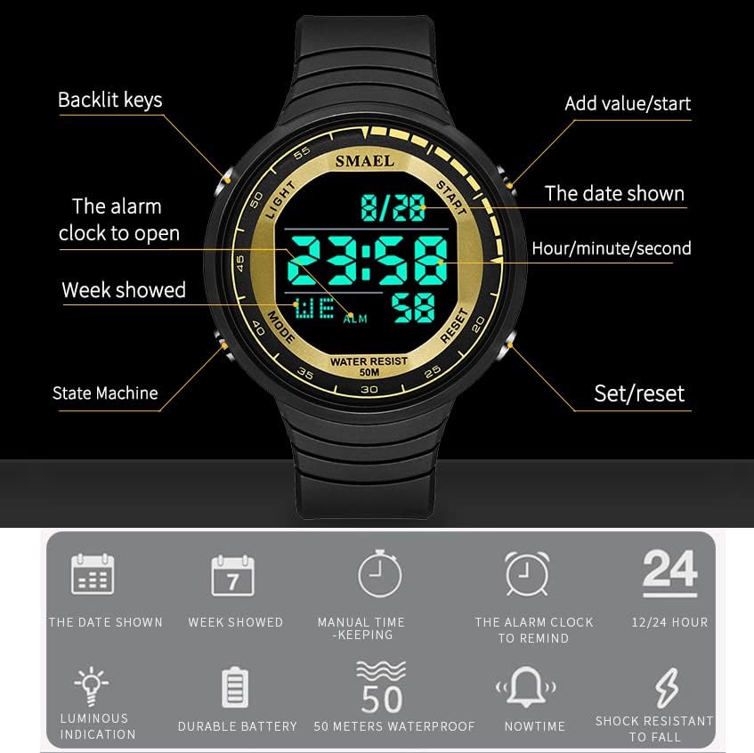 Miniatura 3 de SMAEL Relojes digitales de 164.0ft, impermeables, deportivos, cronómetro, reloj despertador, reloj automático, fecha 1925, reloj digital militar