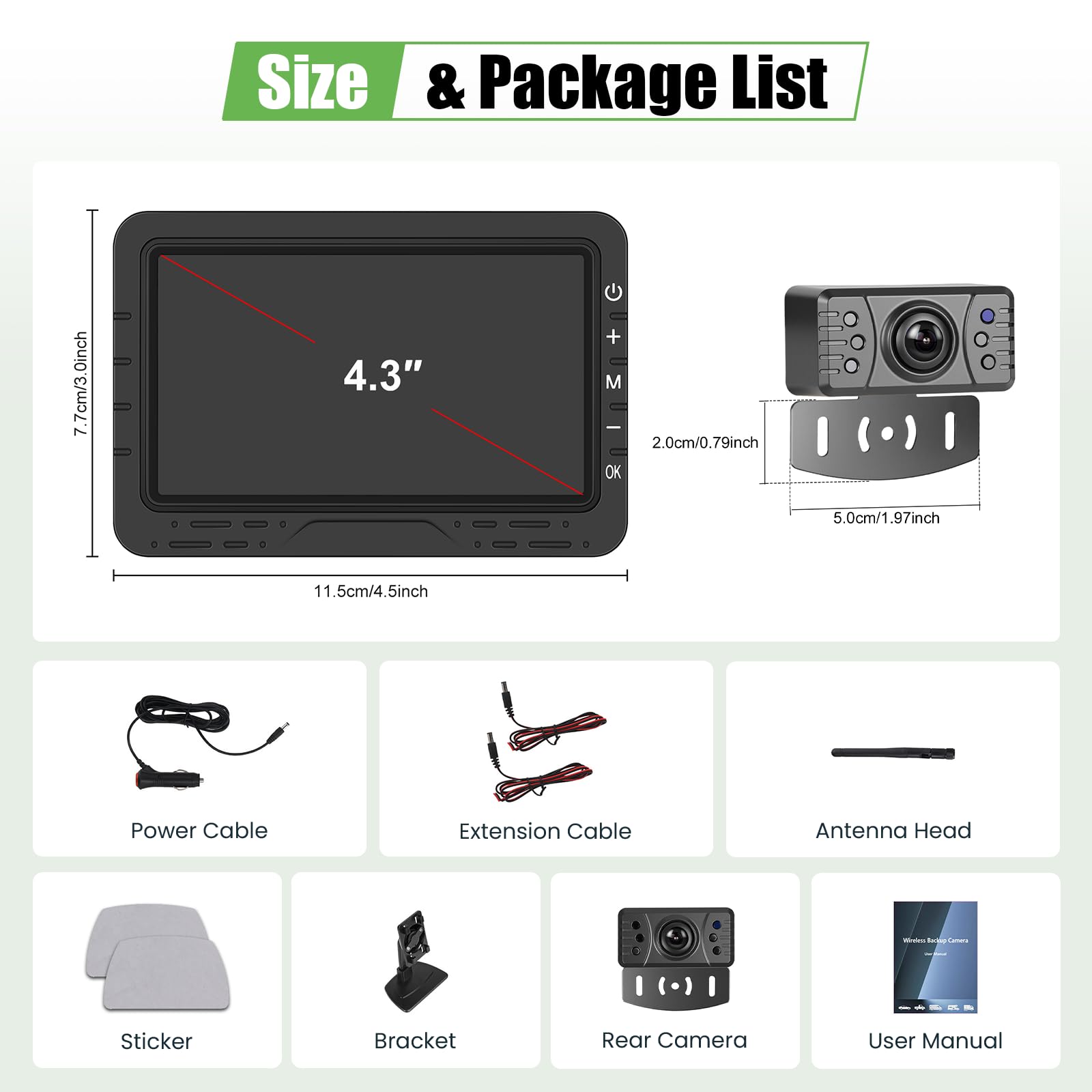 Telecamera di retromarcia wireless IP68 impermeabile con visione notturna, camera grandangolare con monitor display TN da 4,3 pollici, dispositivo di visione notturna ad alto rendimento