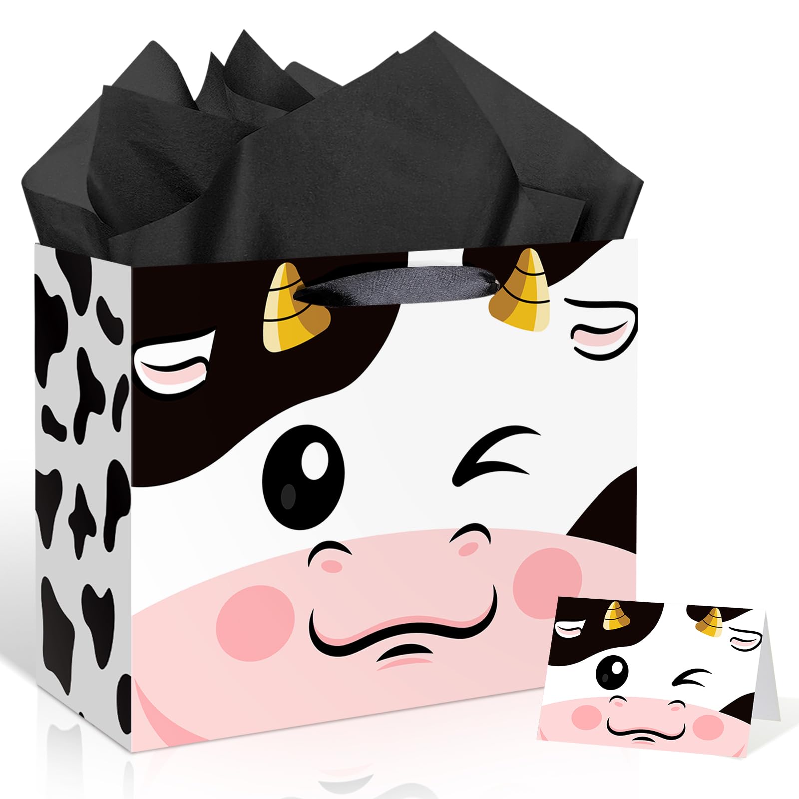 12'' Large Cow Print Baby Gift Bag for Kids Boys and Girls Farm Animal Birthday Shower Bag with Wrapping Paper and Card Cute Cartoon Cow Design for Gender Reveal or Party Favors Decor Supplies