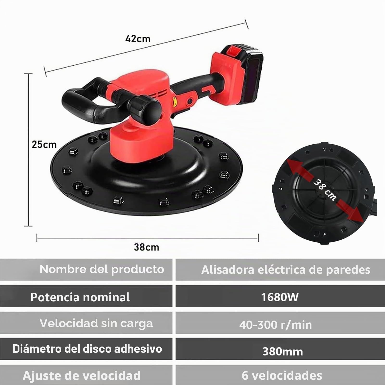 Fratasadora Eléctrica Para Mortero De Cemento De Hormigón, Enyesadora Eléctrica 1680W - 6 Velocidades, para Lijadora de Techos (Juego completo de Fratasadora Eléctrica(2batería+4almohadillas))