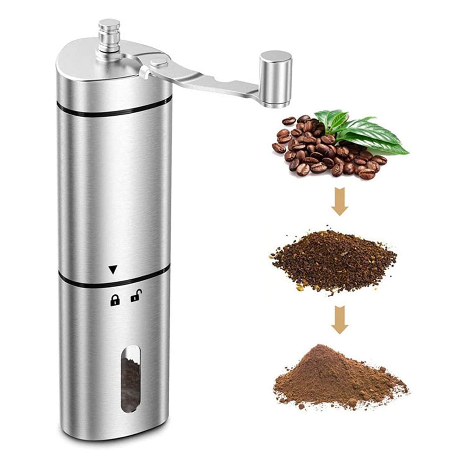 Multifunktionale manuelle Kaffeemühle mit verstellbarem Keramikmahlwerk, abnehmbare Edelstahl-Dreieck-Handkurbel-Kaffeemühle für Zuhause, Büro, Reisen, Silber
