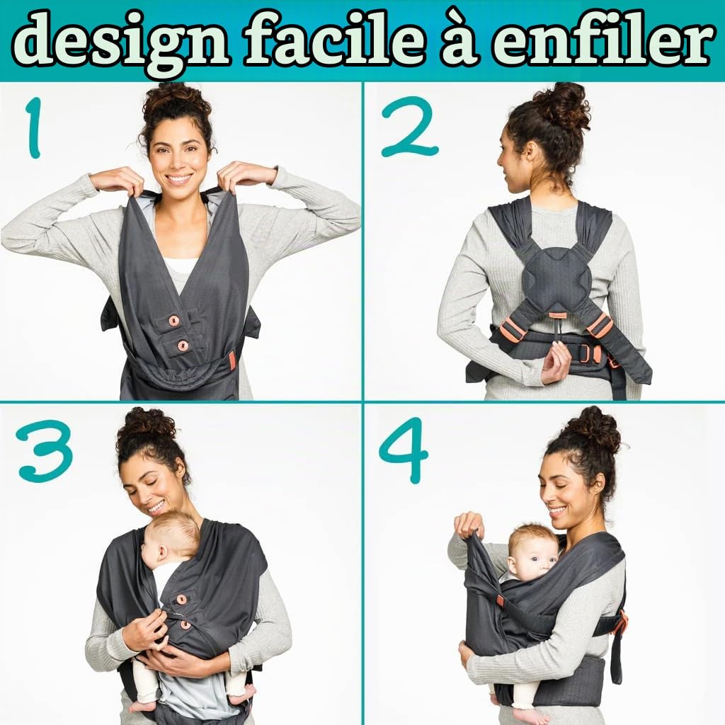 Infantino - Écharpe de Portage Bébé Hybride Hug & Cuddle - Porte Bebe Hybride - Housse de confidentialité matelassée - Pochette de rangement intégrée - Pour bébé de 3,2 à 11,8 kg - Gris foncé