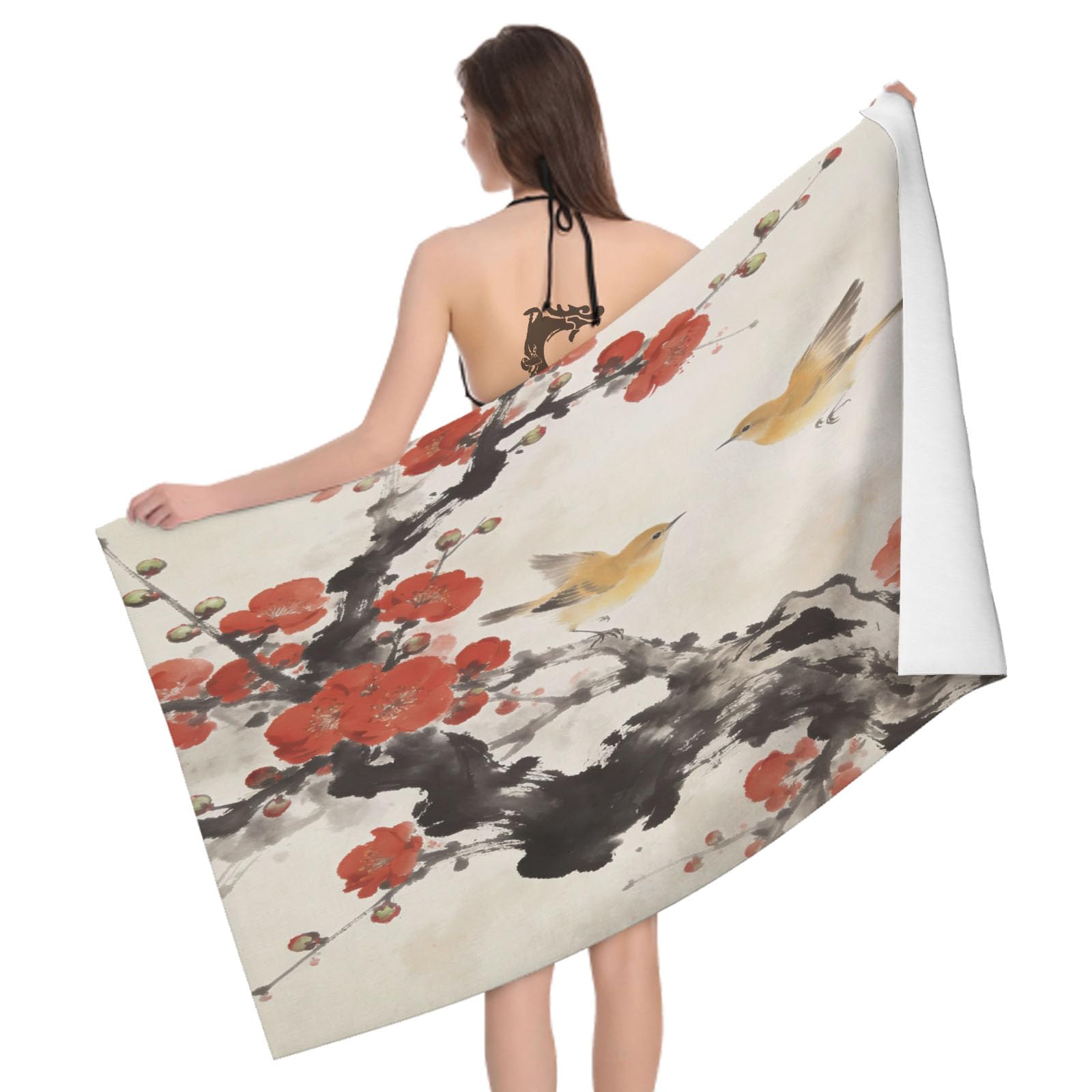 Leichong 3D Red Plum Blossom Beach Towel Microfiber Soft Quick Dry for Adults, Chinese Painting Style Bath Towel Lightweight Soft Absorbent for Travel Swimming Pool Sports, 75 x 150 cm