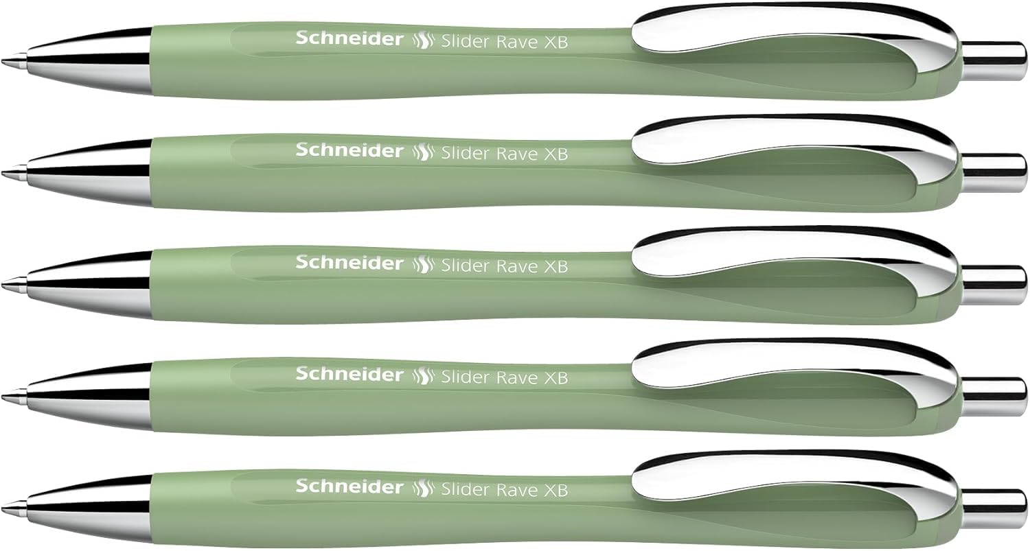 Schneider Slider Rave XB Ballpoint Pen Soft Writing without Scratching for Long Texts at School, University and Work Pack of 5 Organic Green Ink Colour: Blue