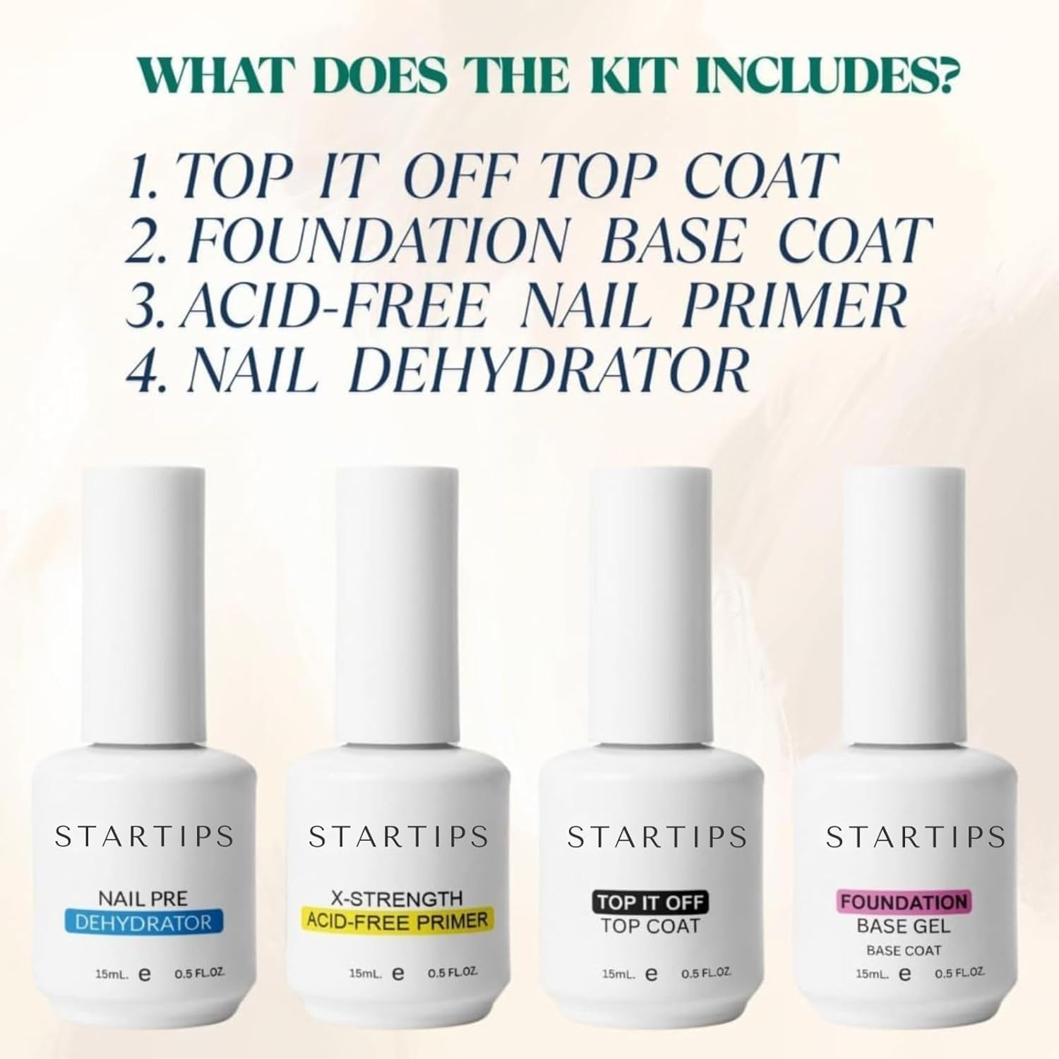 STAR-TIPS Professional 4-in-1 Gel Nail Kit | Top Coat, Base Coat, Primer & Dehydrator Set | 15ml Each | UV/LED Lamp Required