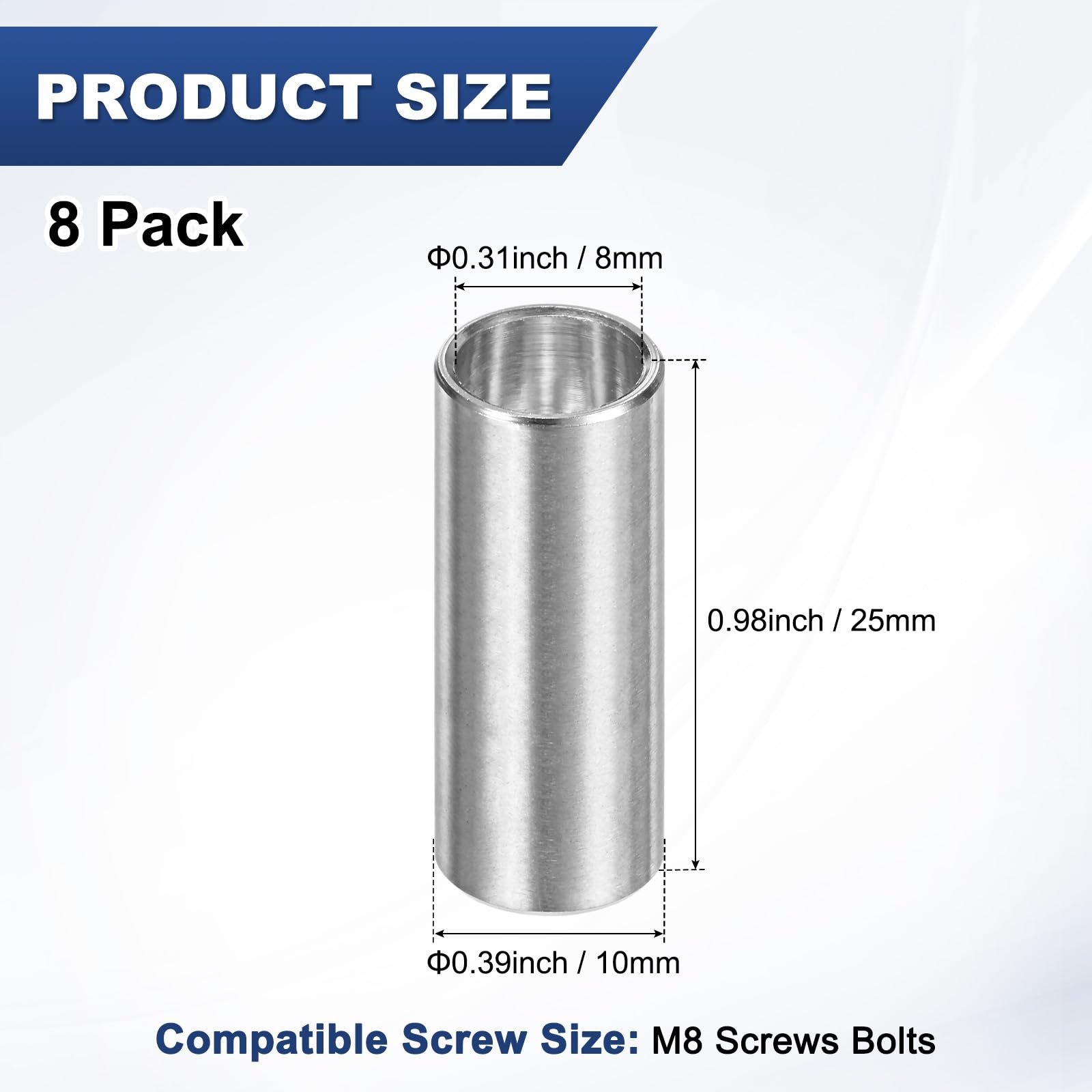 M METERXITY 8PCS M8 304 Stainless Steel Spacers 8mm ID x 10mm OD x 25mm l Metal Screw Standoff Bushing Plain Finish Round Spacer 304 Stainless Steel for Screws Bolts Silver - Image 3