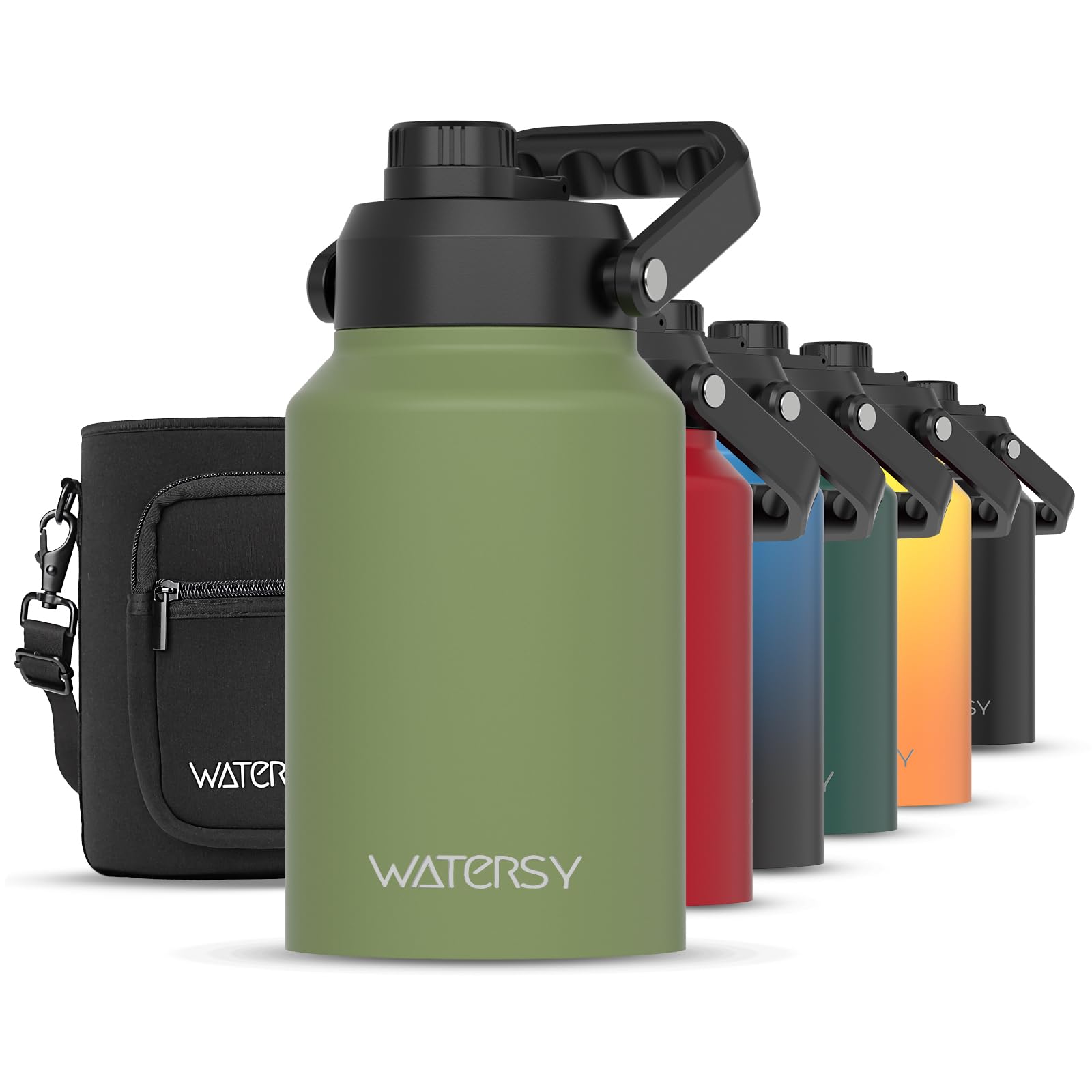 WATERSY Half Gallon Water Bottle Insulated(Cold for 48 Hrs),BPA Free&amp;Leak Proof,64oz Stainless Steel Water Jug/Flask,Big thermo,Large Water Bottle with Handle for Gym,Hiking,Camping,Olive Green