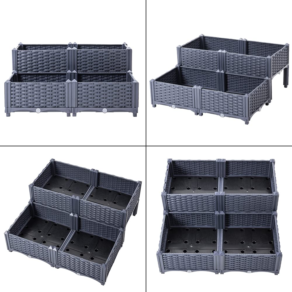 Mingone 4X Blumenkasten Rattan Optik Kunststoff, 40x40, Grau | Wasserspeicher, Balkonkasten, Für Balkon Garten Terrasse
