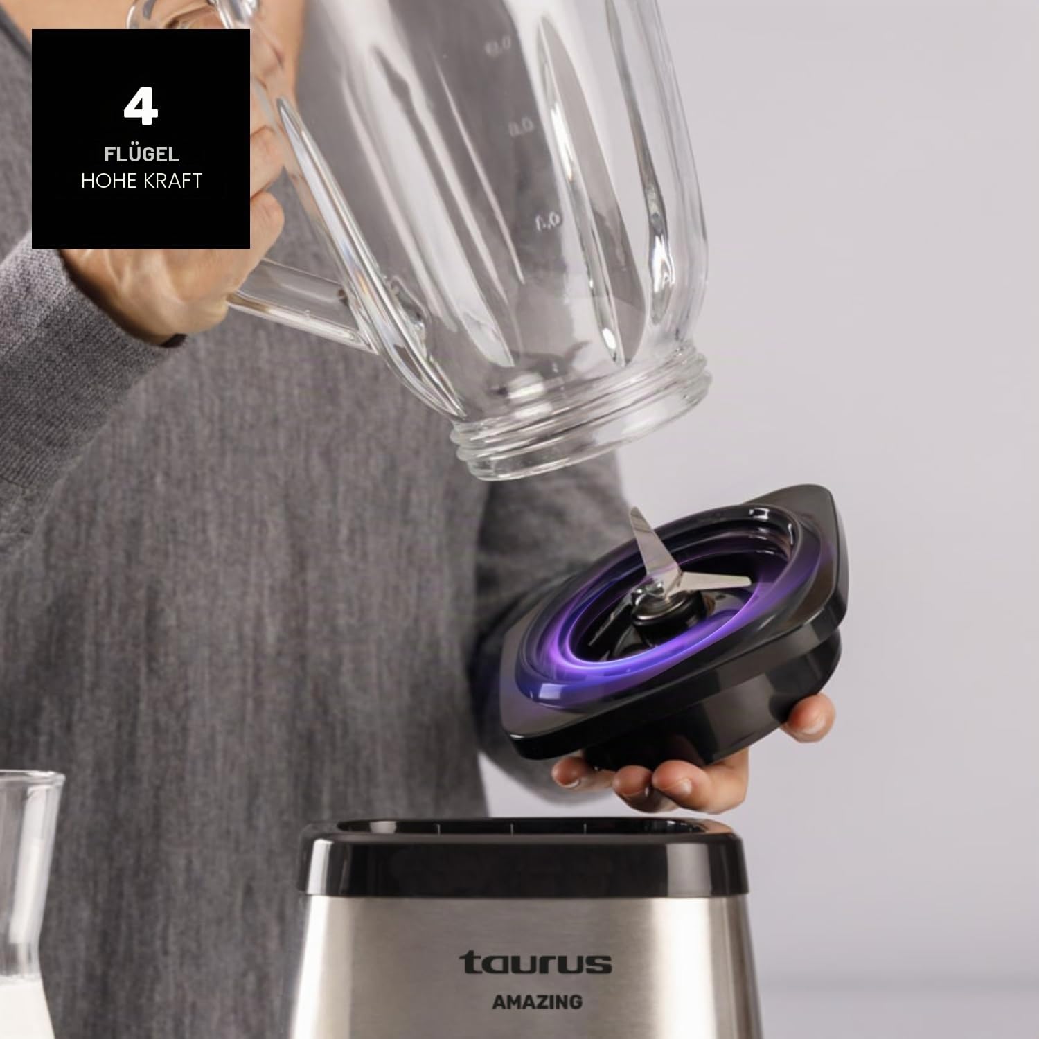 Taurus Magnum 1300 – Standmixer, 1300 W, Krug aus Glas mit 1,5 l, 4 abnehmbare Klingen aus Edelstahl, Eismahlwerk, BPA-frei, spülmaschinenfest, 2 Geschwindigkeiten + Turbo, Grau