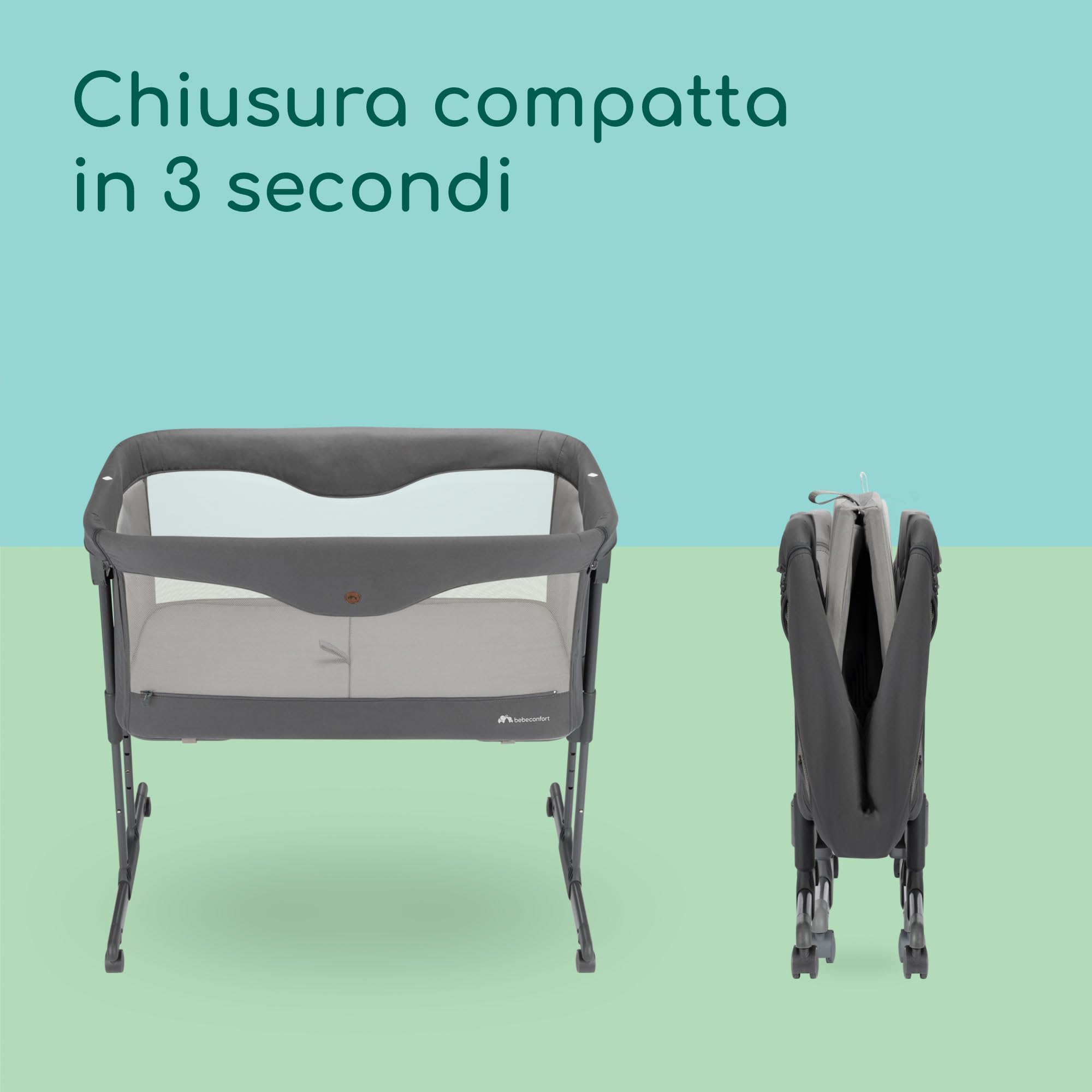 Bebeconfort Amara, Culla neonato fianco letto, 0-6Mesi, 0-9kg, Culla co-sleeping, Lettino Neonato 2 in 1, Chiusura compatta in 3 secondi, Facile da spostare, Borsa per il Trasporto, Tinted Graphite
