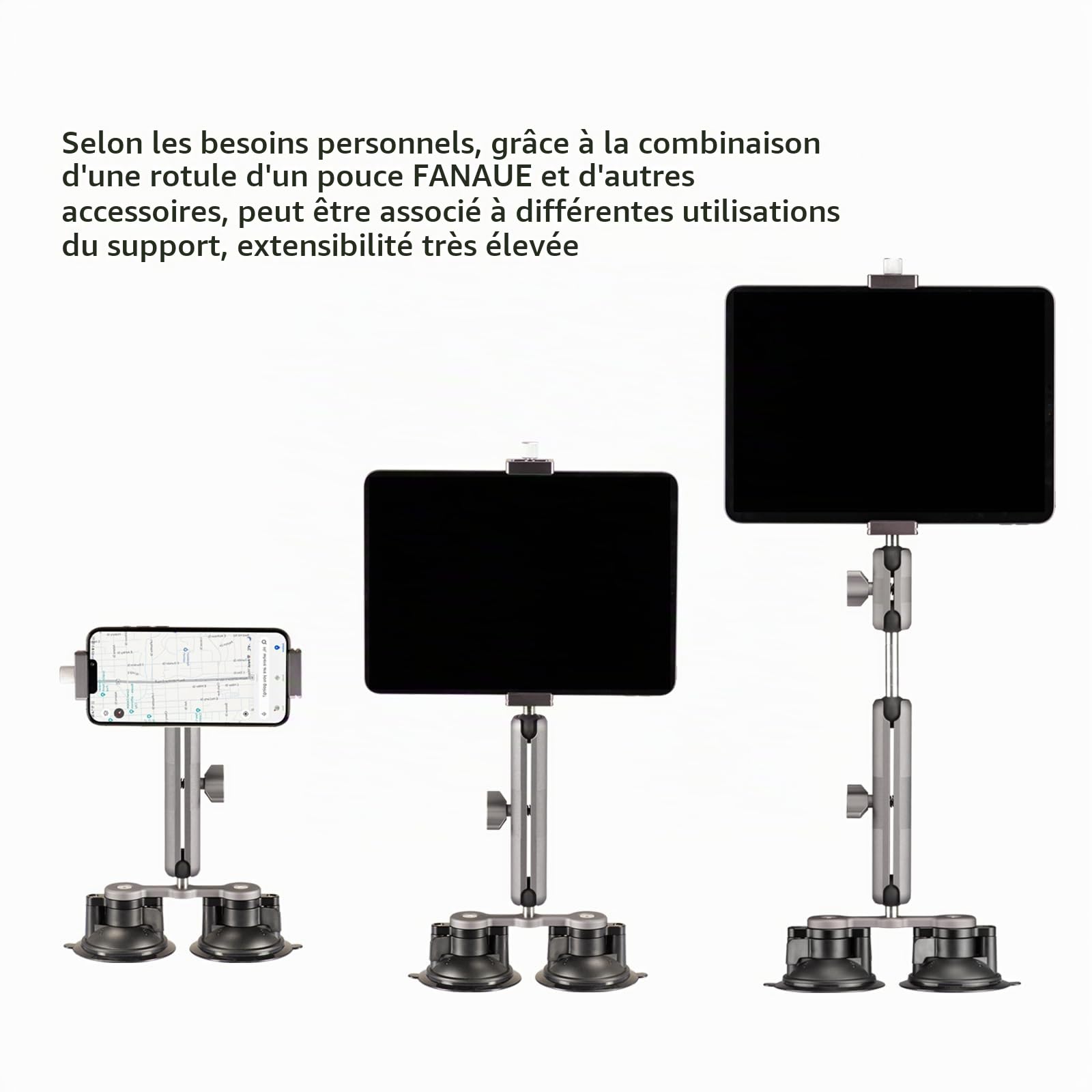 FANAUE Ventouse pour Voiture avec Adaptateur de Boule d'un Pouce, Double Ventouse Compatible avec Les Bras à Double Prise RAM MOUNTS, pour Montage sur Le Pare-Brise de la Voiture.