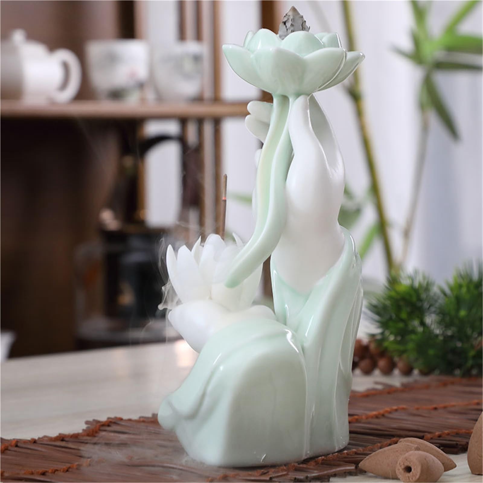 Quemador de incienso de reflujo, diseño de cascada de cerámica para ver el humo, ideal para aromaterapia y relajación