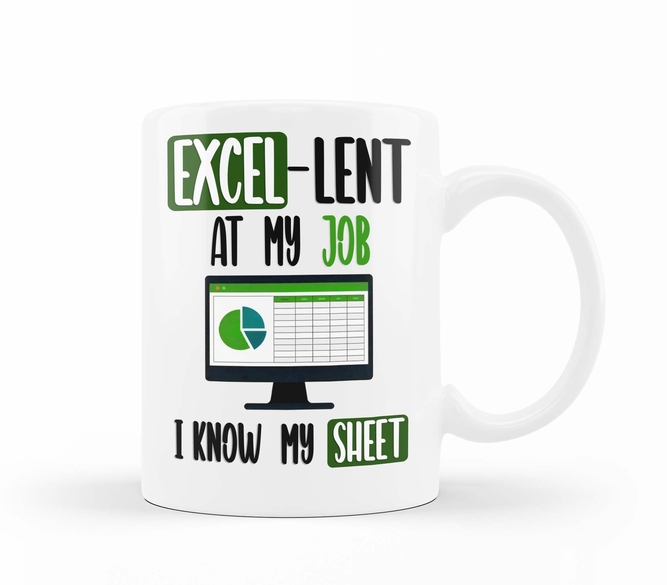 VIROSA Funny Work Mug – Excel-Lent at My Job, Know My Sheet – Gift for Coworkers, Boss, Accountant, Data Analyst or Office Nerd – Spreadsheet Joke – 11oz White Ceramic Coffee Cup