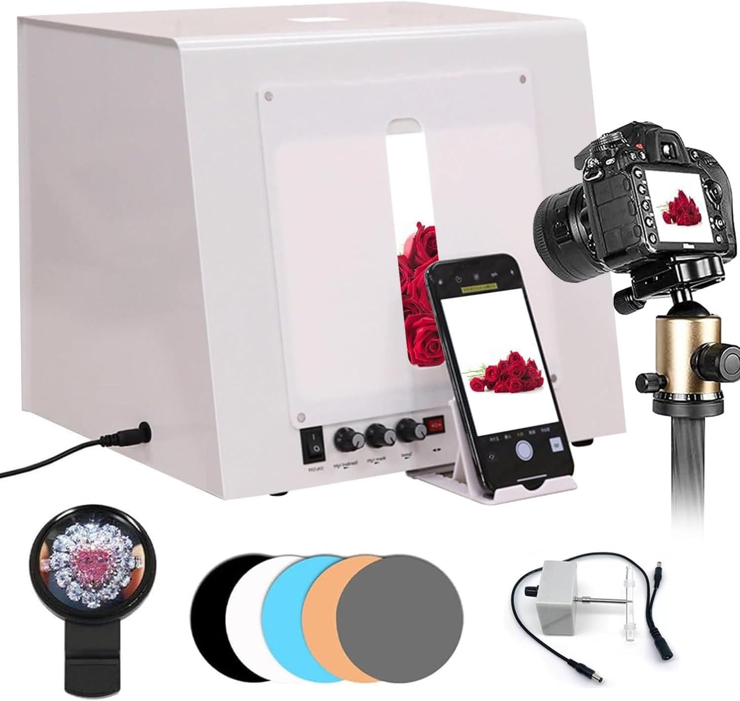Photo Studio Light Box, Photo Shooting Tent Kit, Portable Folding Photography Light Tent with 3000-5500K Customizable Color Temperature and 4 LED Lights, 360° Automatic Turntable Small