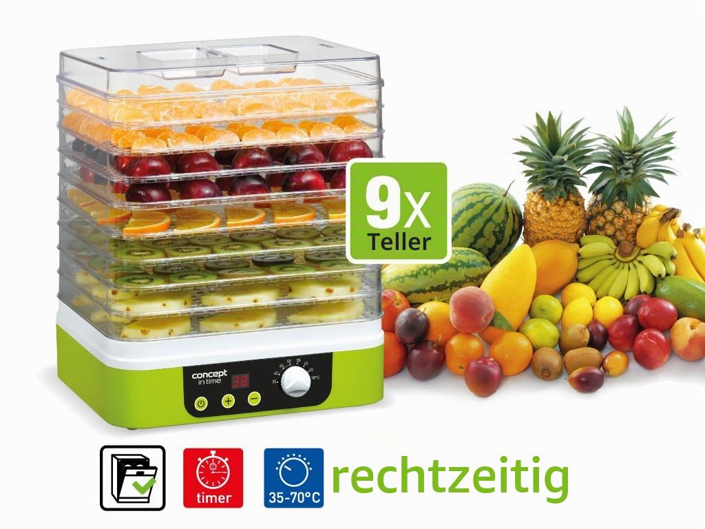 CONCEPT Hausgeräte SO1060 Dörrgerät IN TIME mit Zeitschaltuhr, 9 rechteckige Einlegeböden, grün, Display, stufenlose Temperatur-Einstellung 35-70°C, Extra Groß