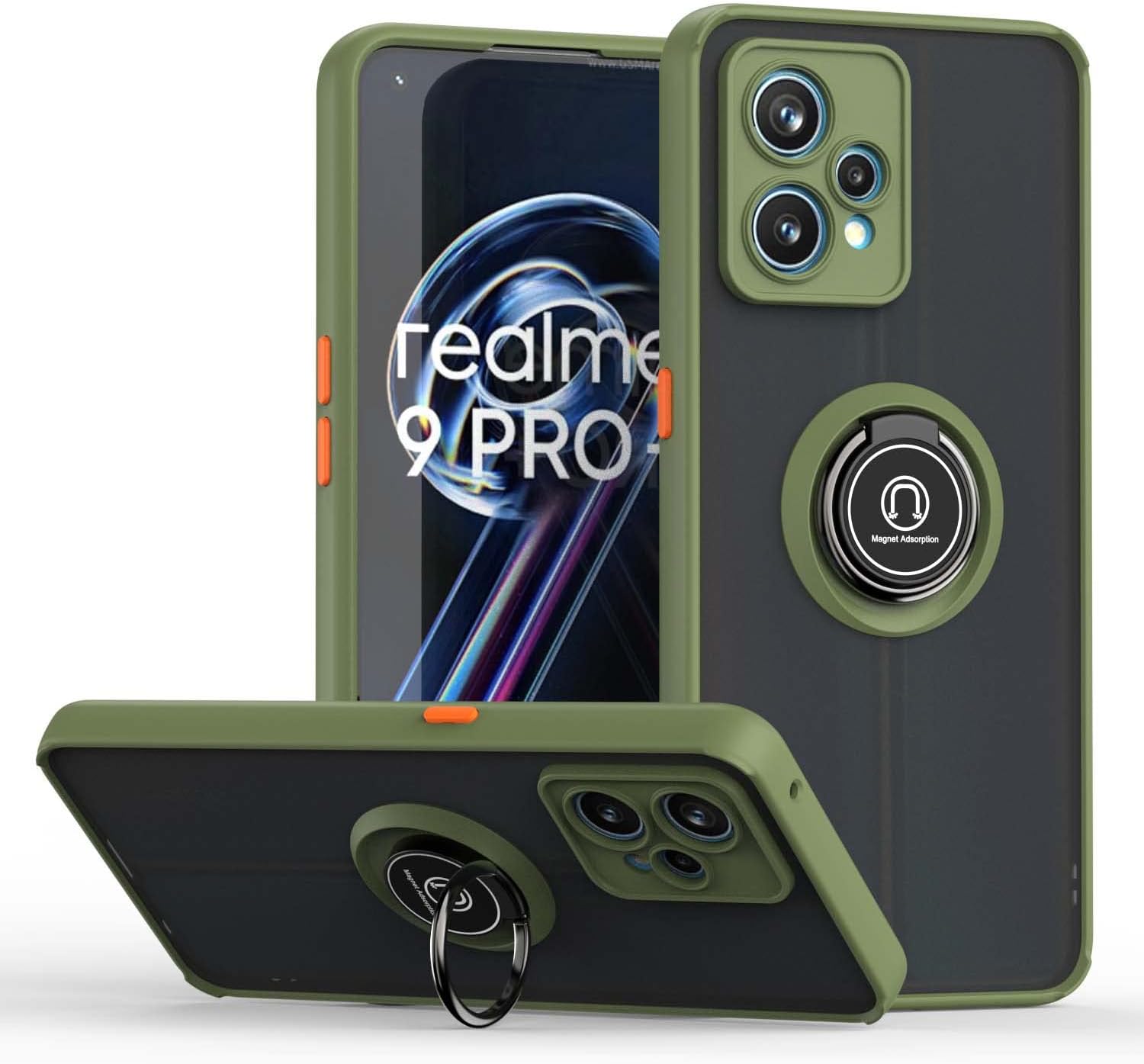 ILING Case for Realme 9 4G/Realme 9 Pro+ 5G/Realme 9 Pro Plus, Ultra-thin Translucent Matte Frosted PC Hard Back Cover, Soft Silicone TPU Bumper Shockproof Case with Ring Kickstand (Army Green)