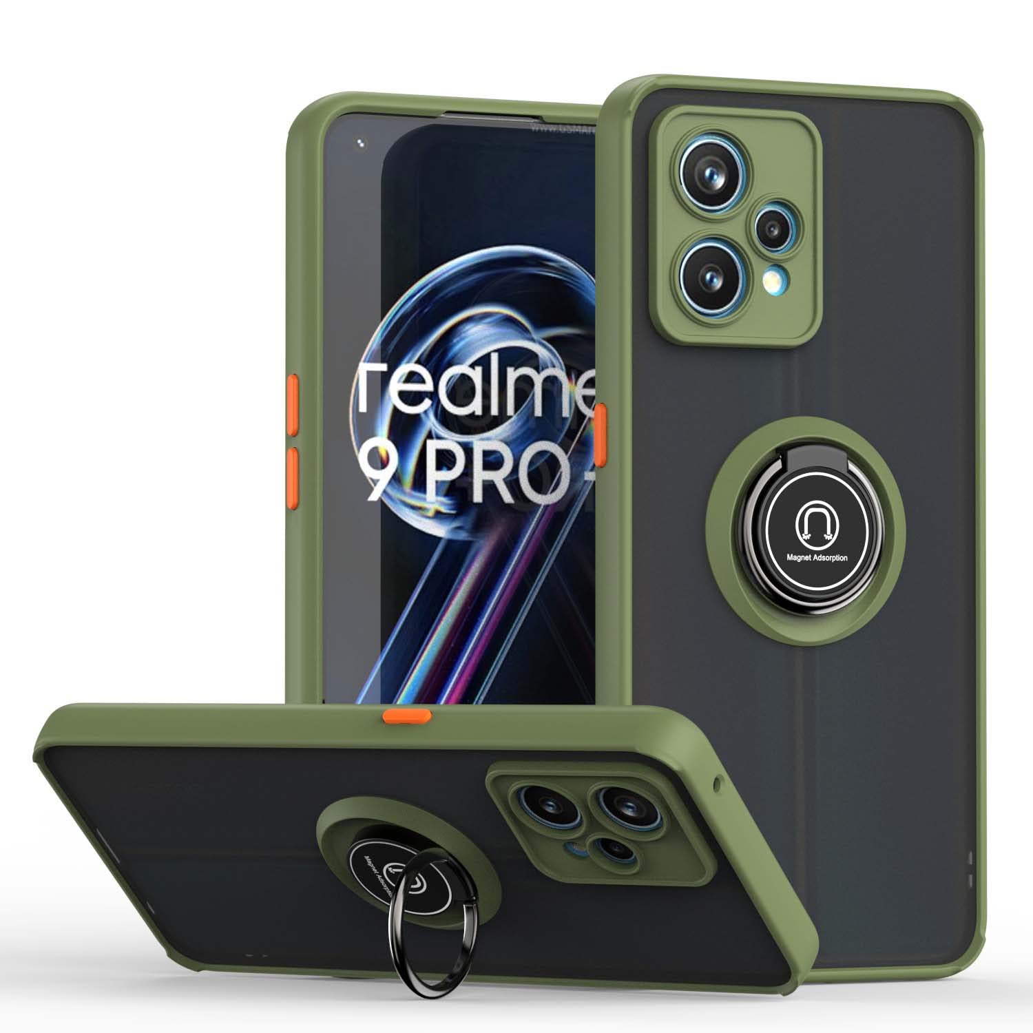 ILING Case for Realme 9 4G/Realme 9 Pro+ 5G/Realme 9 Pro Plus, Ultra-thin Translucent Matte Frosted PC Hard Back Cover, Soft Silicone TPU Bumper Shockproof Case with Ring Kickstand (Army Green)