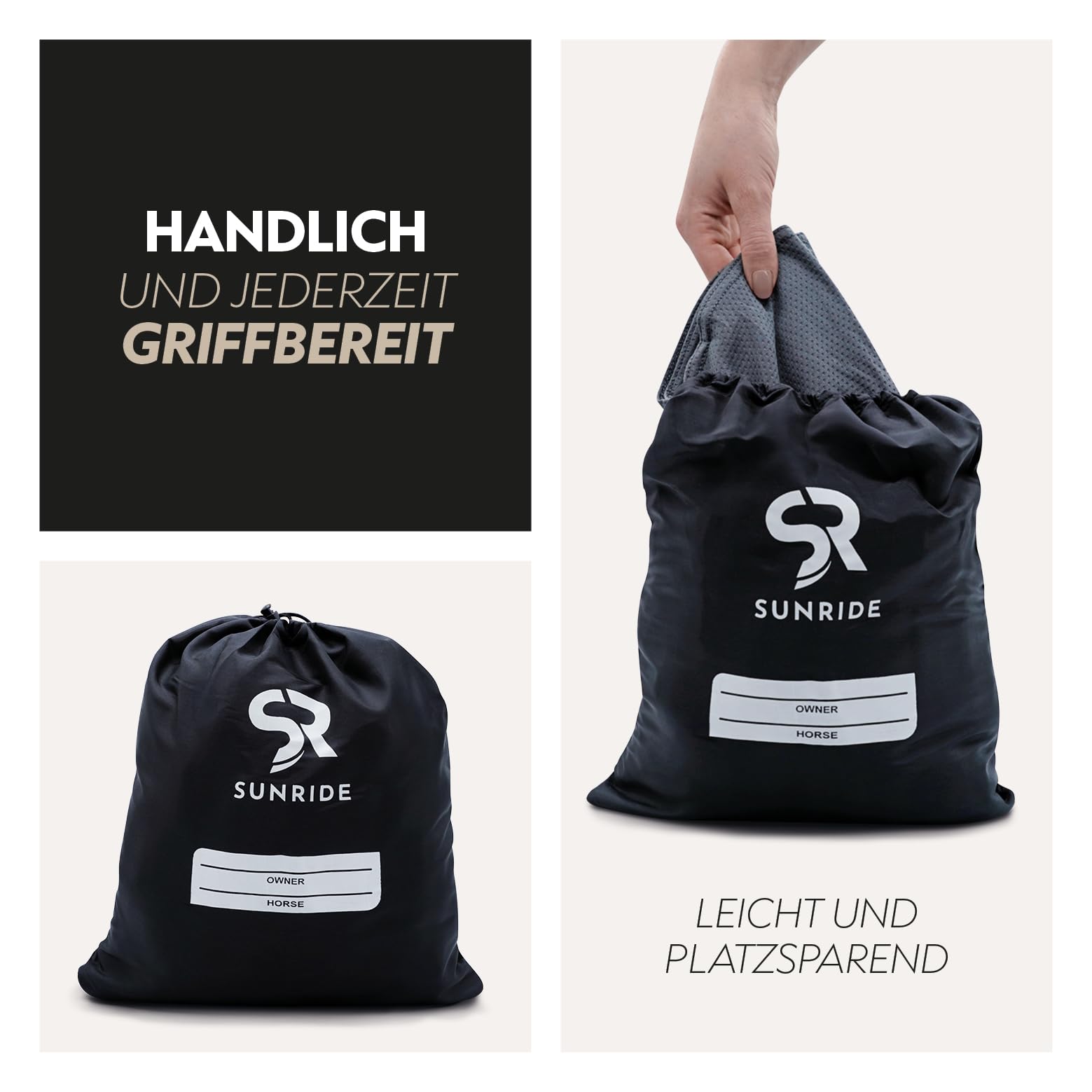 SUNRIDE Coperta rinfrescante per cavalli (Cool Down) (set da 3 pezzi) – con copricollo e panno – effetto rinfrescante immediato tramite raffreddamento evaporativo – sostenibile – grigio (145 cm)