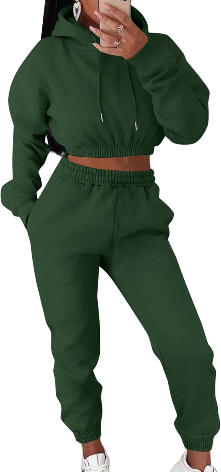 LovelyWholesale Women 2 Piece Outfits Long Sleeve Crop Hoodies and Pants Sweatsuit Set