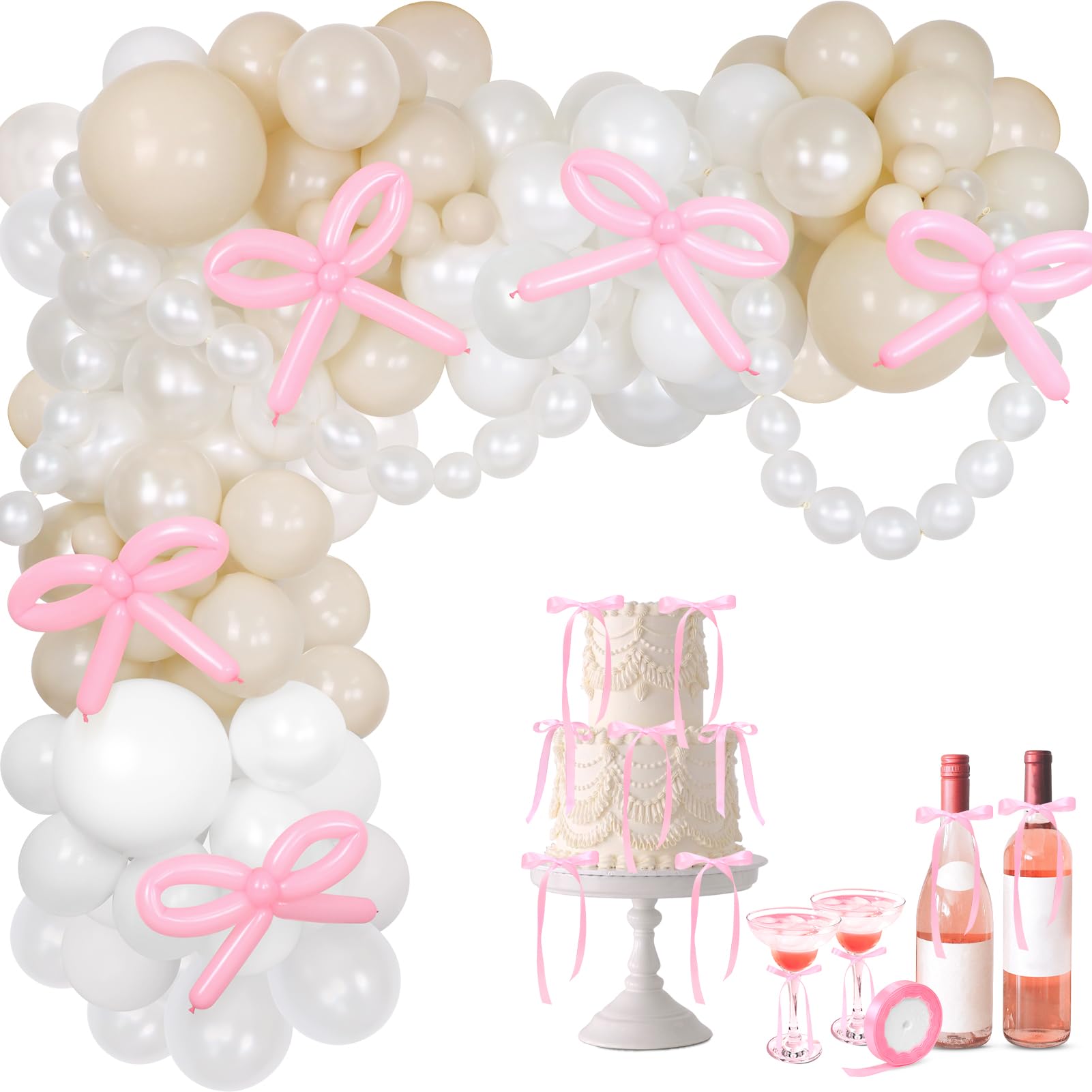 Pink Bow Balloon Arch Kit, 155Pcs Bows Pearls Balloon Garland Arch, Double Stuffed Pearl Sand White Balloons with Satin Ribbon for Bow Birthday