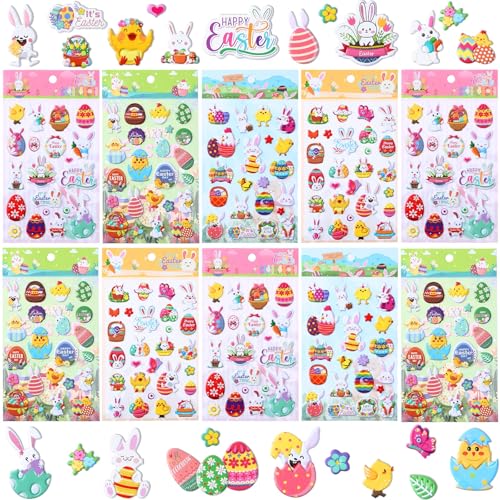 UPINS Easter Puffy Stickers for Kids, 10 Sheets Easter 3D Cute Puffy Stickers Rabbit Egg Carrots Chicke Foam Stickers Decals for