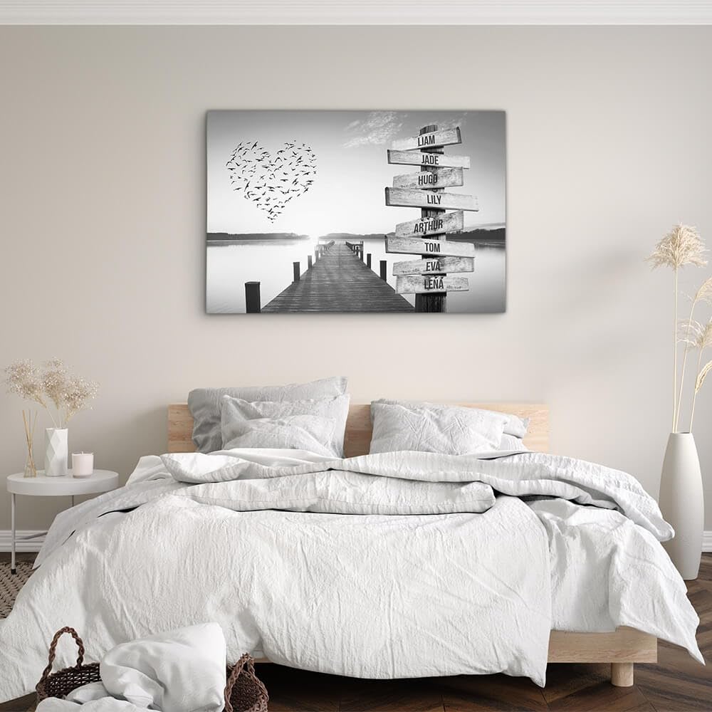 Toile personnalisée avec cadre prénom famille Coeur et ponton coucher de soleil Noir et Blanc tableau … (60 x 40 cm)