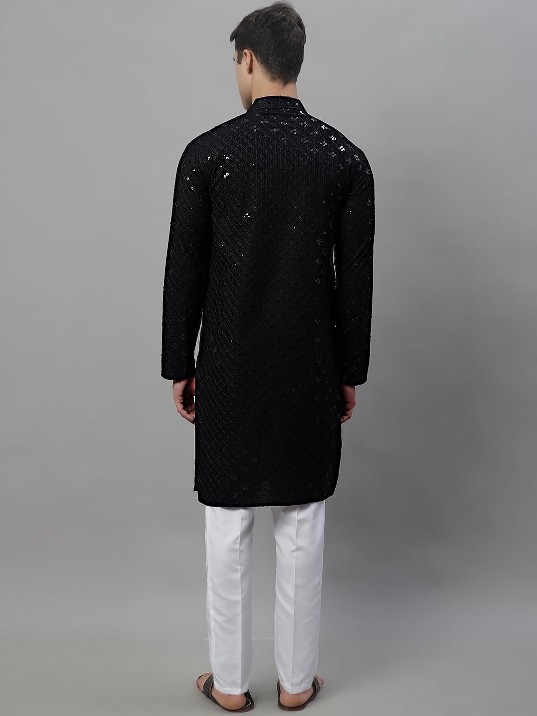 Jompers Men's Chikankari Embroidered And Sequence Kurta With Pyjama (Black, Xl)