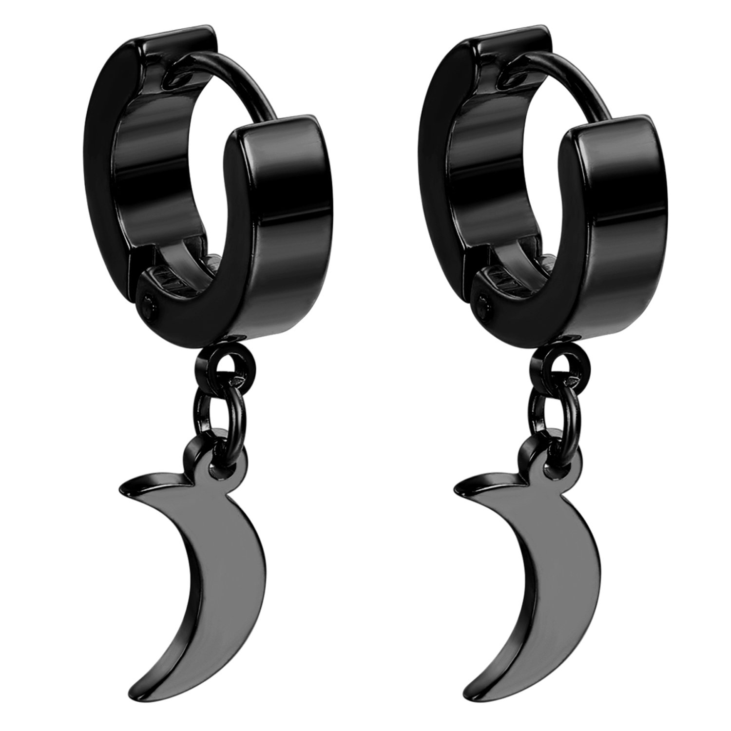 Aretes de aro colgantes de acero inoxidable con luna negra para hombres y mujeres, Acero inoxidable, No es una piedra preciosa