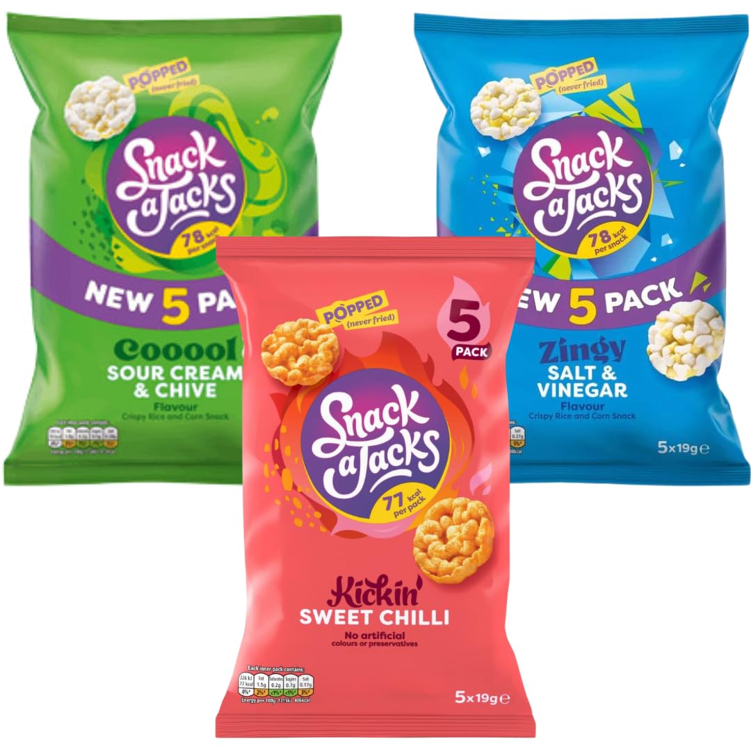 Snack Pack Bundle With Snack a Jacks Salt & Vinegar Multipack Rice Cakes 5x19g, Sour Cream & Chive Multipack 5x19g and Sweet Chilli Multipack 5x19g (3 Pack)