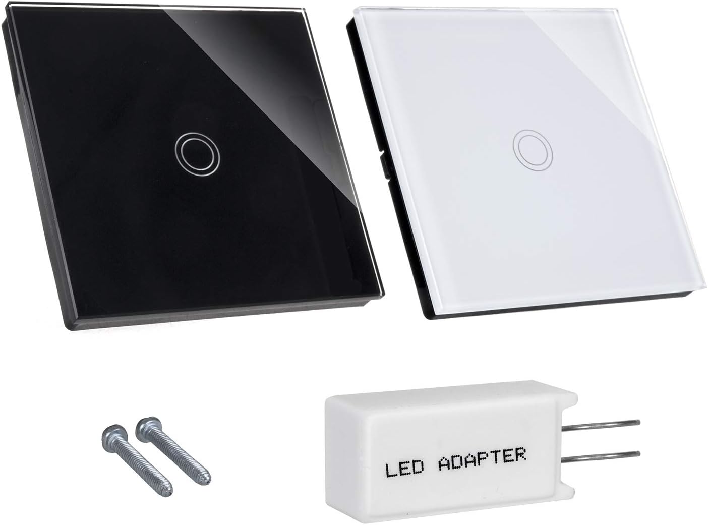 Package contents including the white touch switch, LED adapter, and mounting screws.
