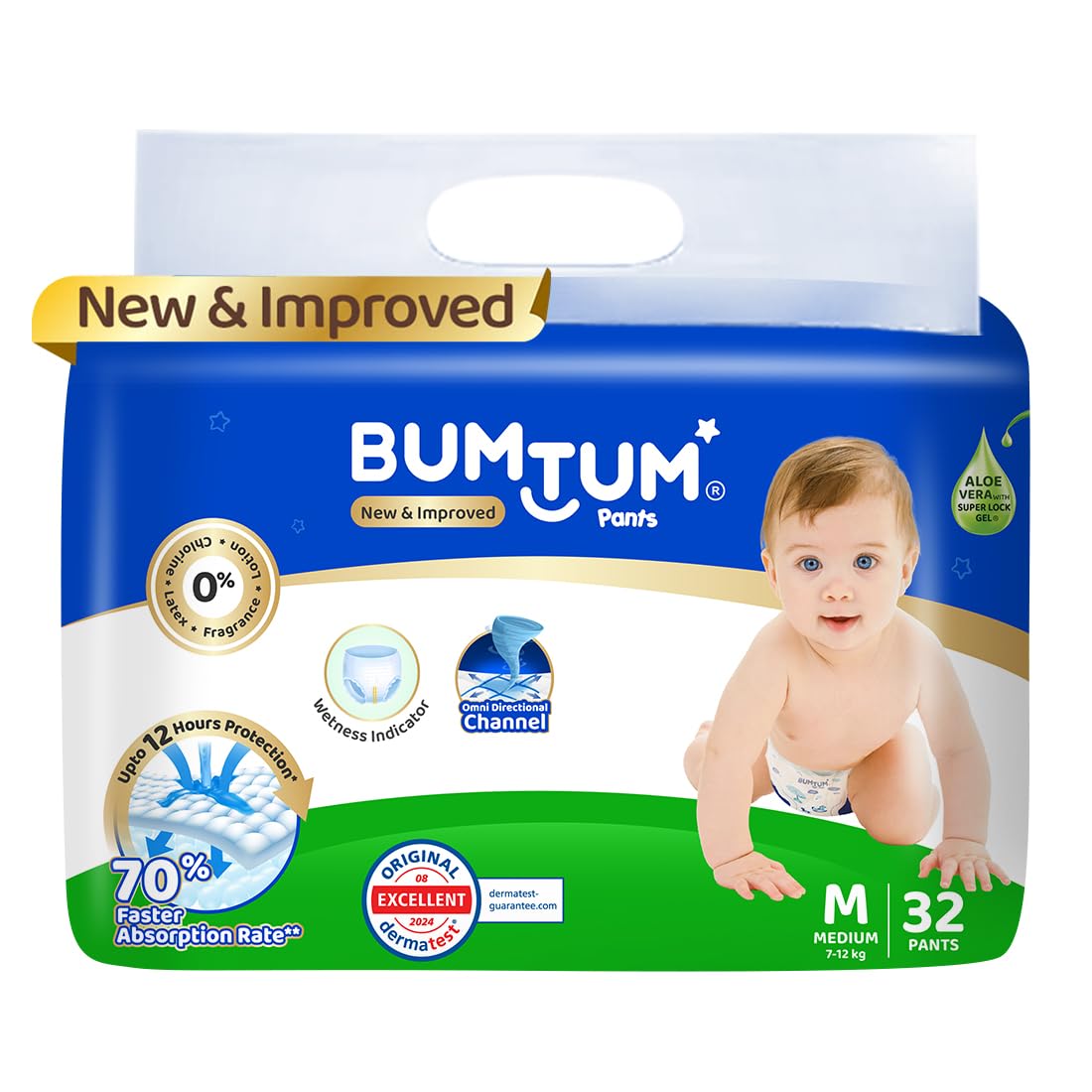 Bumtum Baby Diaper Pants, Medium Size 32 Count, Double Layer Leakage Protection Infused With Aloe Vera, Cottony Soft High Absorb Technology