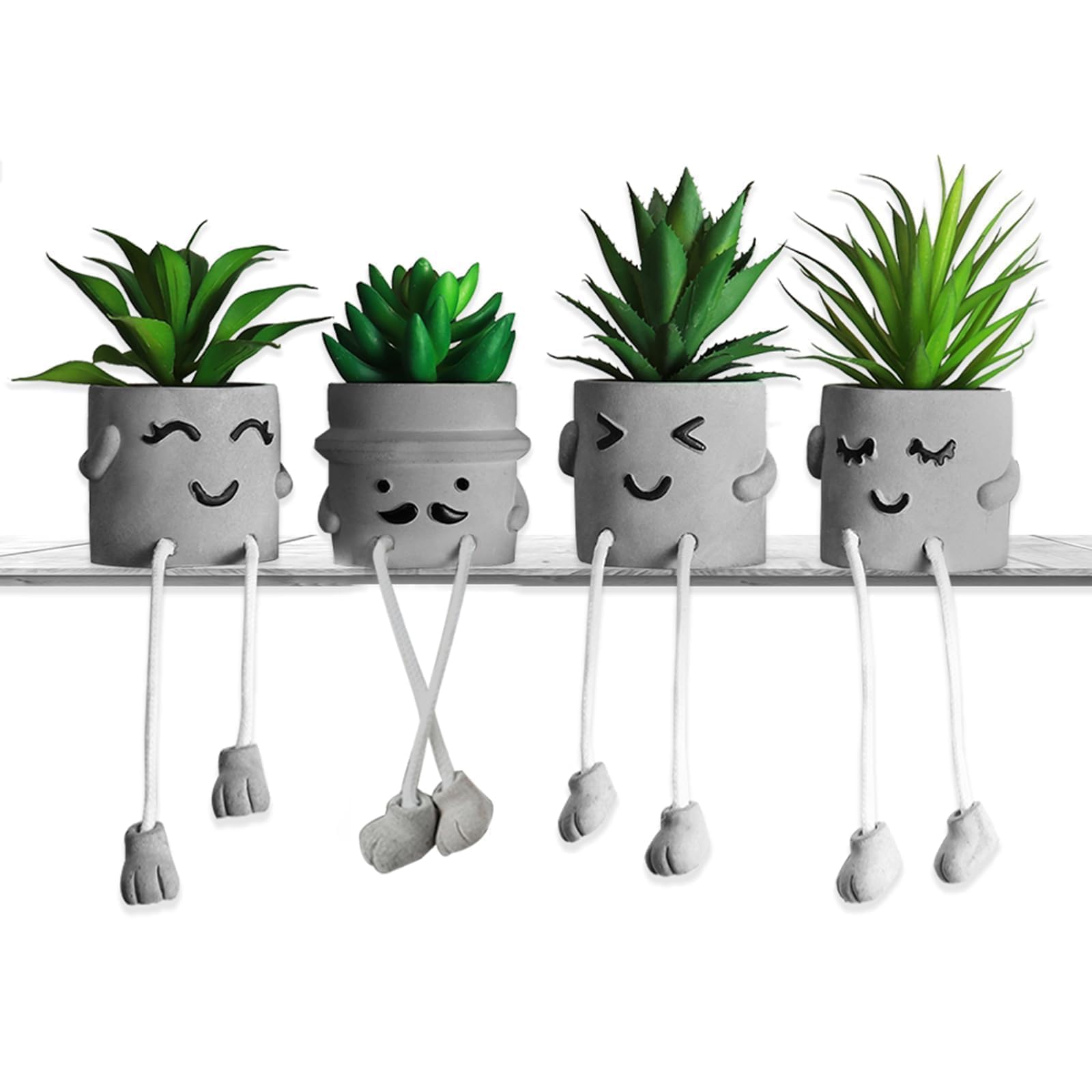 MAKHOT 4 PCS Creative Artificial Succulent Plants with Pots, Faux Succulents Cute Hanging Leg Potted Cubicle Accessories Decor, Mini Potted Fake Plant, Small Plants for Shelf Decor