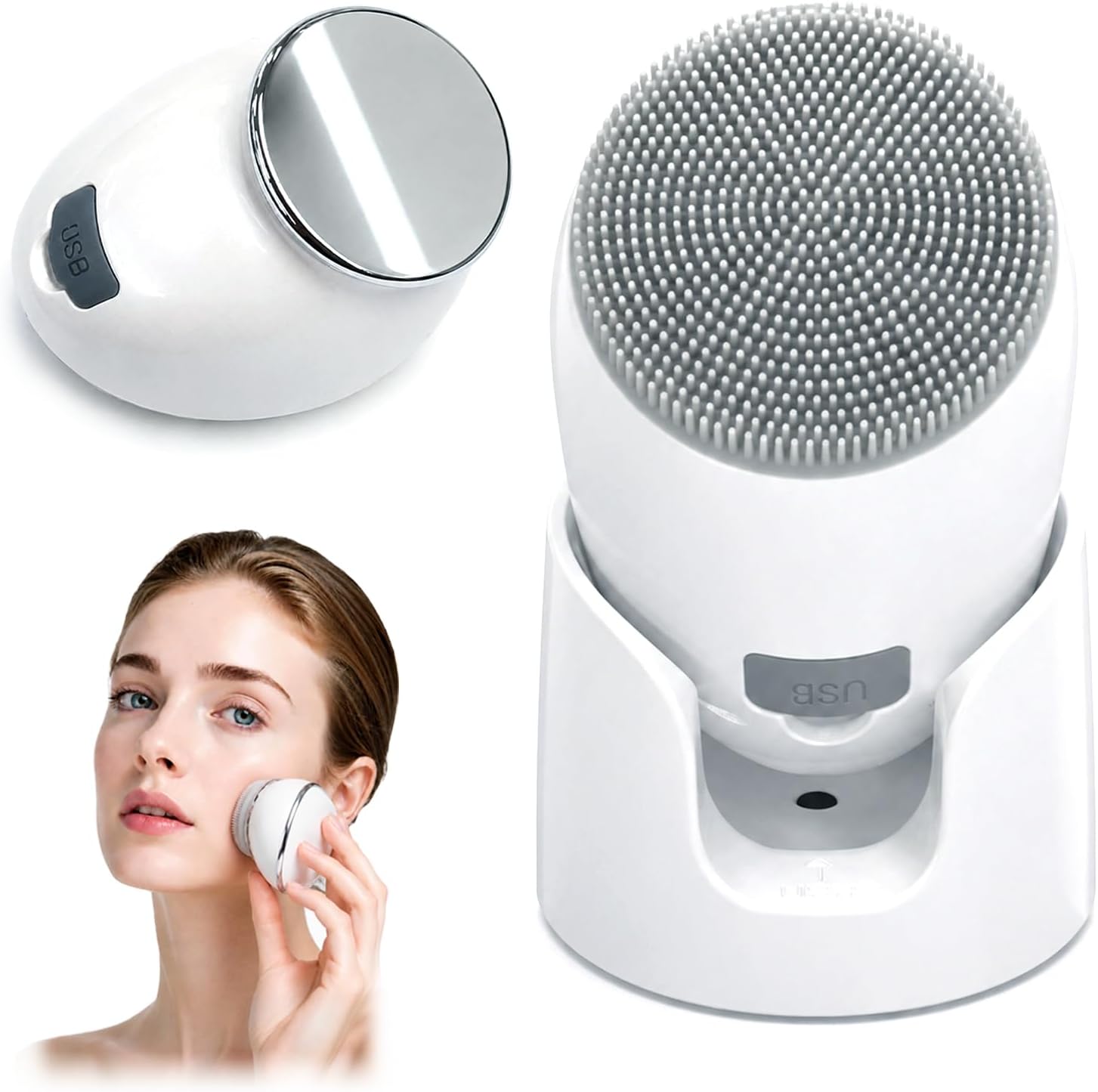 2 in 1 Facial Cleansing Brush, Rechargeable Silicone Face Scrubber with Heat Massage Head, Vibrating Face Exfoliator Brush for Deep Cleaning, Waterproof Face Cleaner Tool for Men & Women