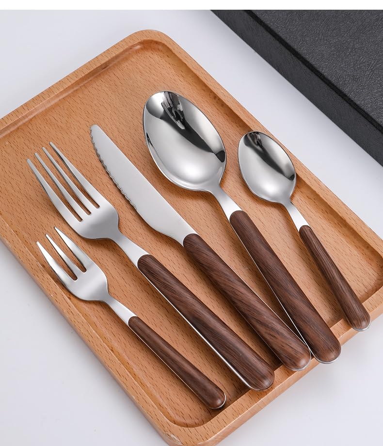 Este Juego de Cubiertos, 5/20/30/40 Piezas, Cuchillo, Tenedor y Cuchara de Acero Inoxidable con Mango de Madera, Estilo Retro, Incluye Cuchara para café, Postre y Tenedor para Fruta, Color p