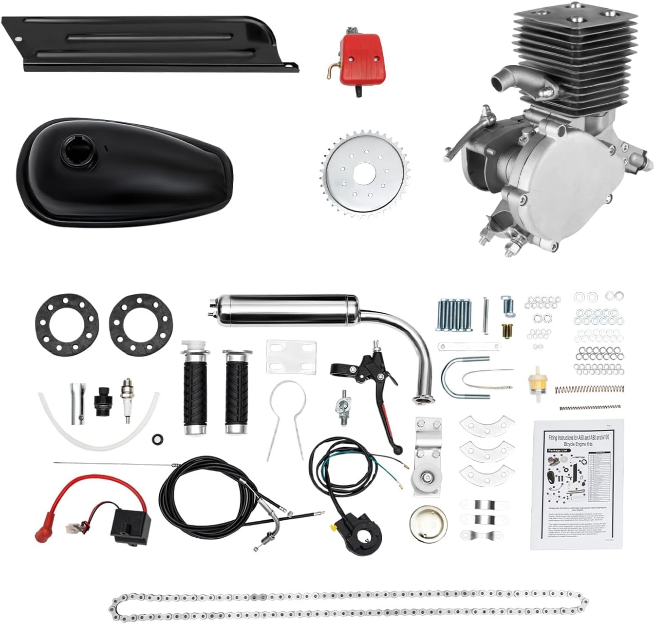 Engine Motor Kit 100CC 2-Stroke Gas Petrol Motorized Bike Bicycle Motor Engine Kit Full Set DIY Upgrade Bike Bicycle Conversion Kit (36 Tooth Sprocket)