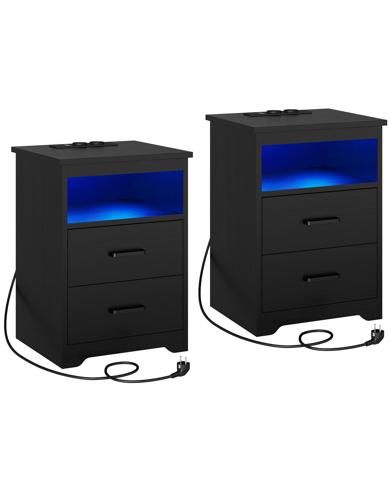 KIMENICH Mesita de Noche de 2 Piezas con Iluminación LED, Mesilla de Noche con Estación de Carga, Puertos USB, 2 Cajones, Mesa de Sofá, para Dormitorio, Salón (Negro)