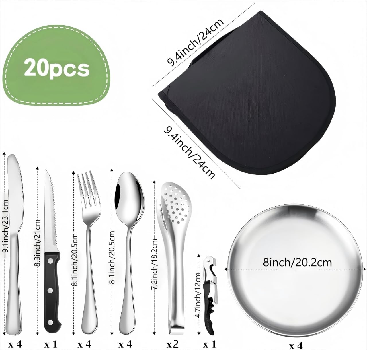 Set de vaisselle de camping pour 4 personnes, 20 pièces Set de couverts de camping portable, couverts de camping en acier inoxydable avec pochette à couverts, fourchettes, couteaux et cuillères, réuti